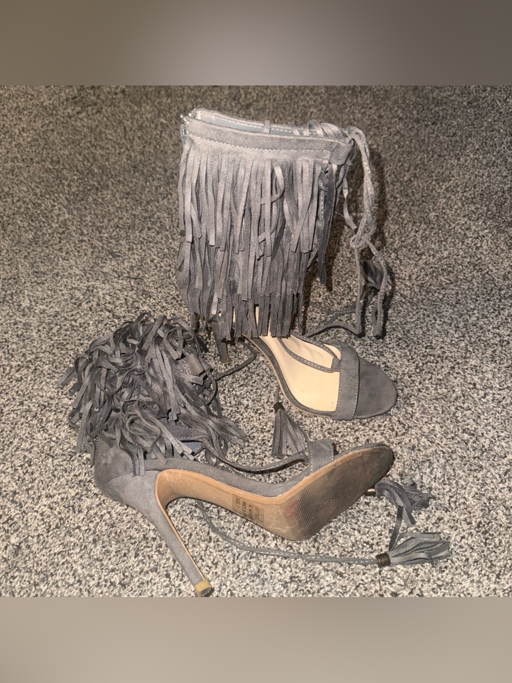 Charlotte Russe Fringed Strappy Stiletto Sandal Sz 7 Gray Suede Zipper Back